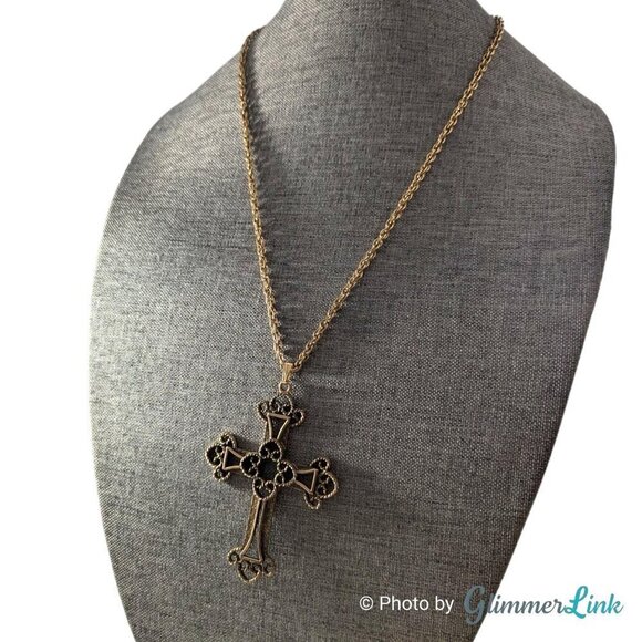 Vintage Sarah Cov Limited Edition Victorian Cross Filigree Gold Tone Necklace - Picture 4 of 11